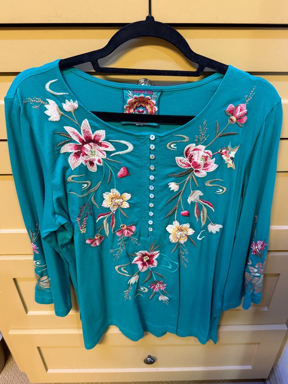 Johnny Was Teal Embroidered Floral Long-Sleeve Tee